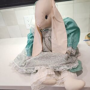 Handmade Beige Bunny Doll in Mint Floral Dress